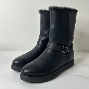 Ugg Classic Berge Boots Women’s 7 Short Black Leather Gold Zip Sheepskin Lined